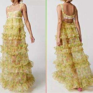 For Love and Lemons  Vicki Sheer Floral Tiered Ruffle Maxi Dress XS